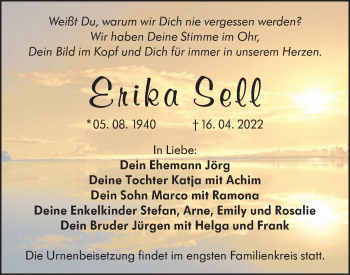 Traueranzeige von Erika Sell von lausitzer_rundschau