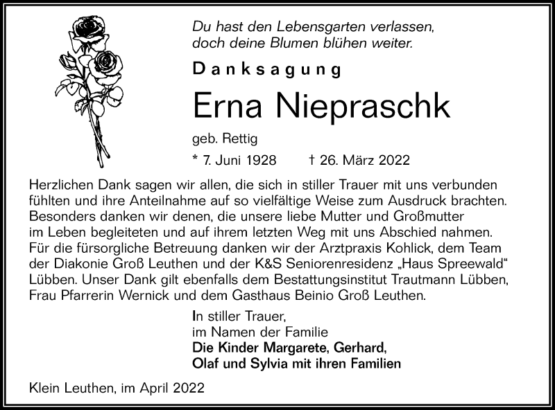  Traueranzeige für Erna Niepraschk vom 23.04.2022 aus lausitzer_rundschau