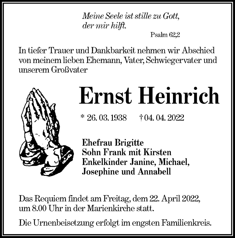  Traueranzeige für Ernst Heinrich vom 16.04.2022 aus lausitzer_rundschau