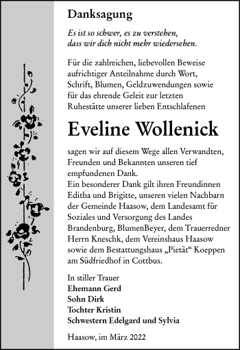 Traueranzeige von Eveline Wollenick von lausitzer_rundschau