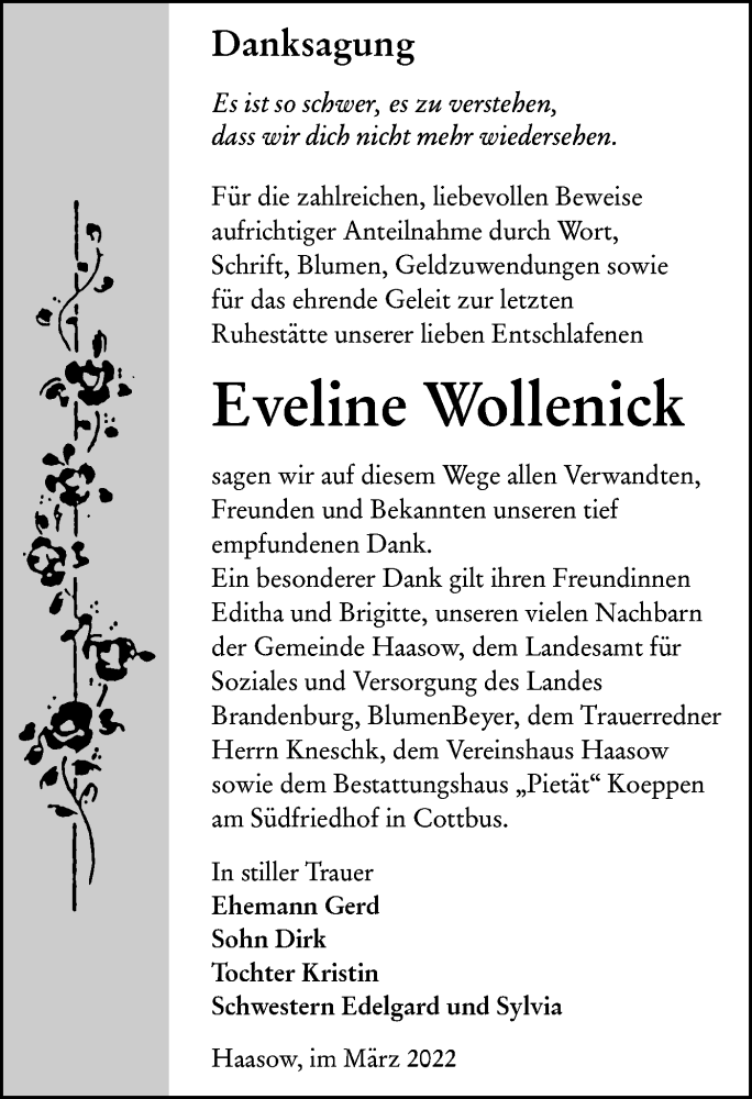  Traueranzeige für Eveline Wollenick vom 09.04.2022 aus lausitzer_rundschau