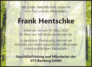Traueranzeige von Frank Hentschke von lausitzer_rundschau