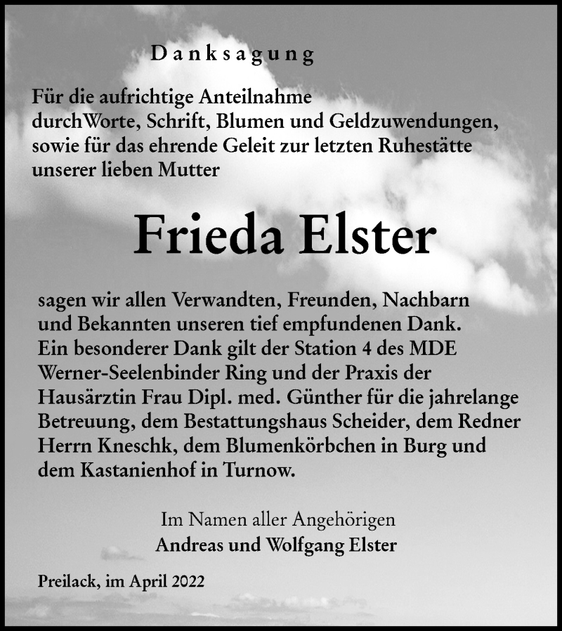  Traueranzeige für Frieda Elster vom 30.04.2022 aus lausitzer_rundschau