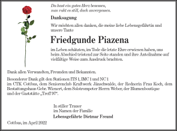 Traueranzeige von Friedgunde Piazena von lausitzer_rundschau