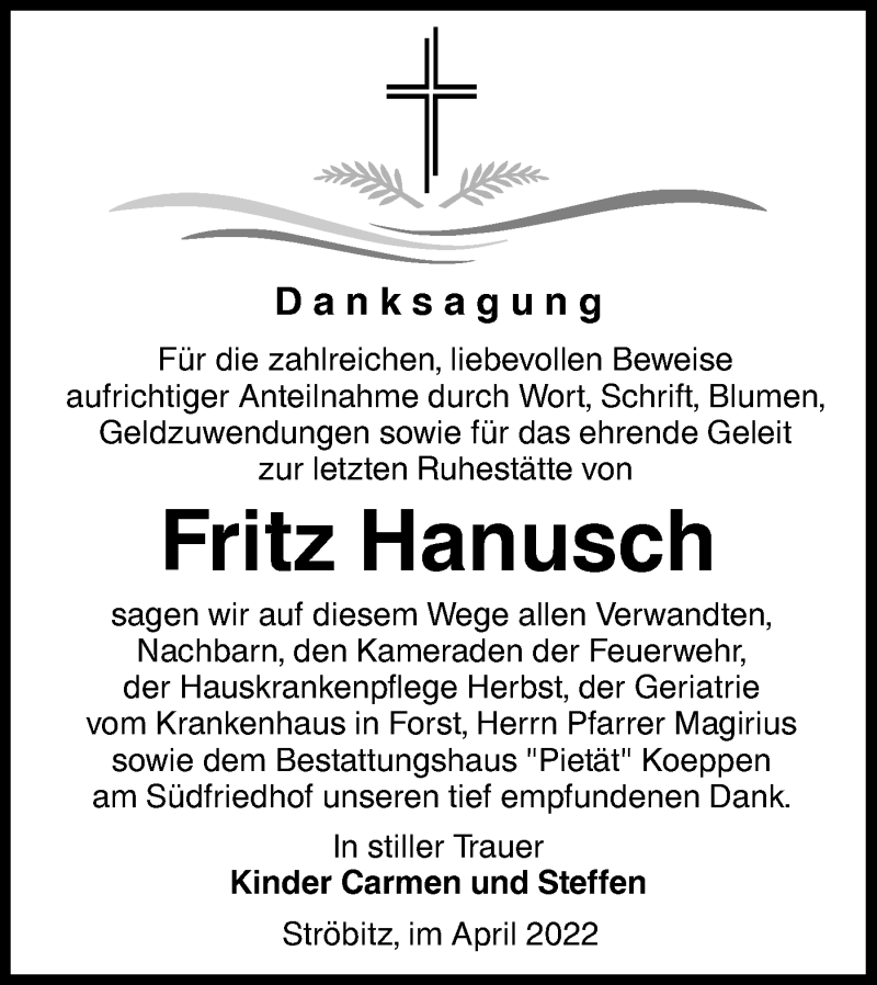  Traueranzeige für Fritz Hanusch vom 30.04.2022 aus lausitzer_rundschau