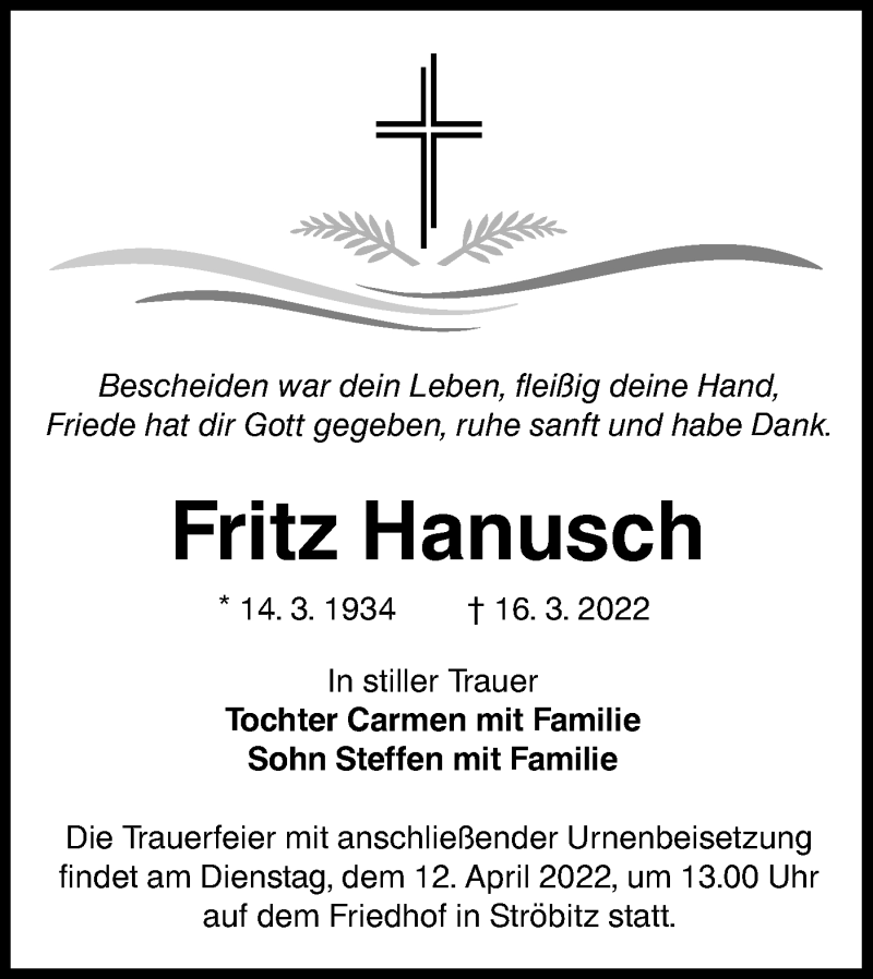  Traueranzeige für Fritz Hanusch vom 02.04.2022 aus lausitzer_rundschau