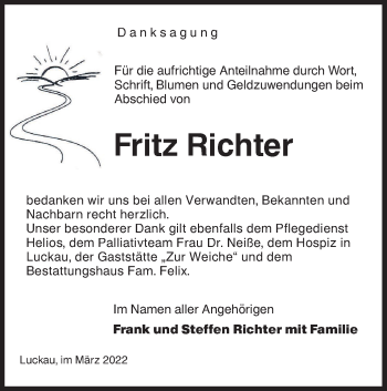 Traueranzeige von Fritz Richter von lausitzer_rundschau