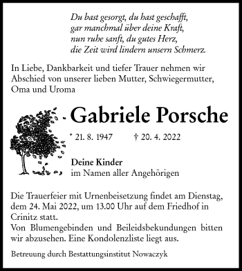 Traueranzeige von Gabriele Porsche von lausitzer_rundschau