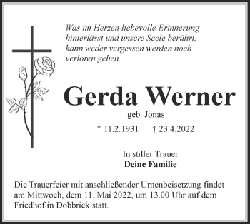 Traueranzeige von Gerda Werner von lausitzer_rundschau