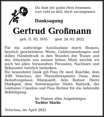 Traueranzeige von Gertrud Großmann von lausitzer_rundschau