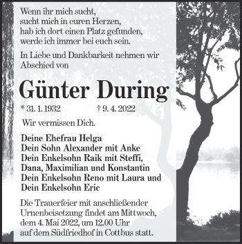 Traueranzeige von Günter During von lausitzer_rundschau