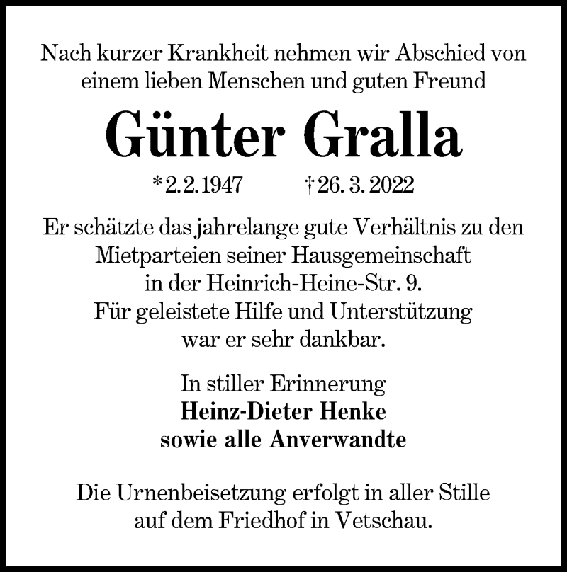  Traueranzeige für Günter Gralla vom 09.04.2022 aus lausitzer_rundschau