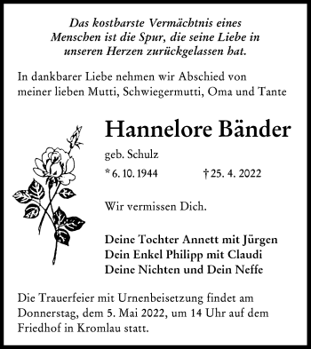 Traueranzeige von Hannelore Bänder von lausitzer_rundschau