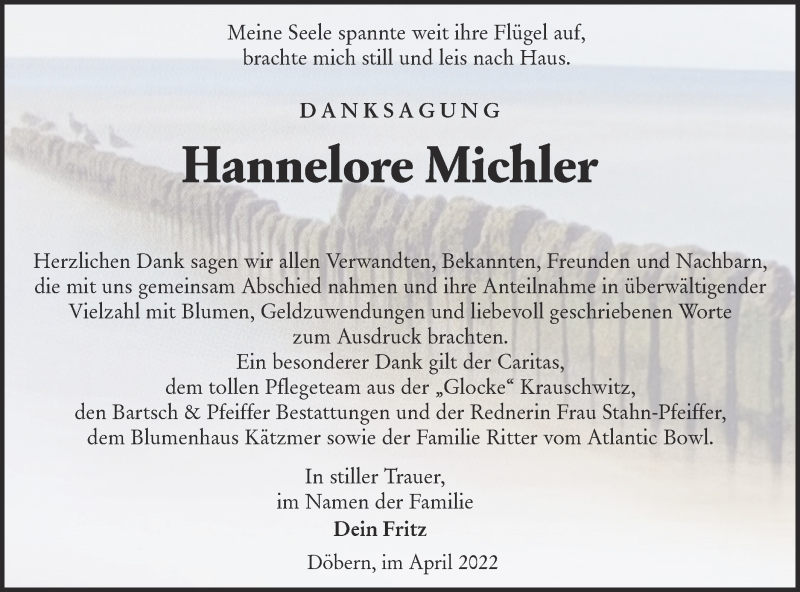  Traueranzeige für Hannelore Michler vom 09.04.2022 aus lausitzer_rundschau