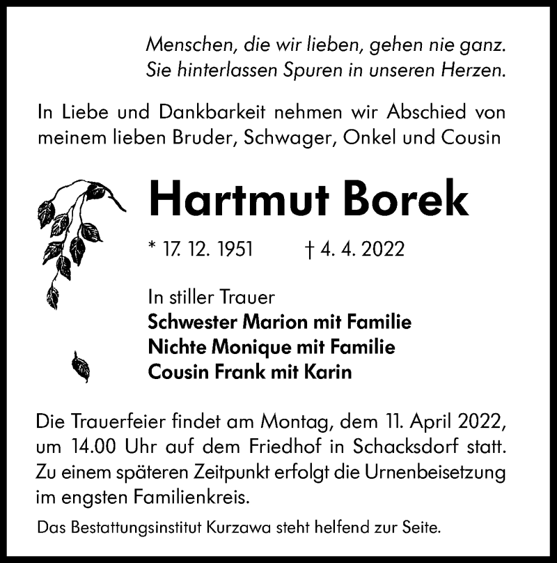  Traueranzeige für Hartmut Borek vom 08.04.2022 aus lausitzer_rundschau