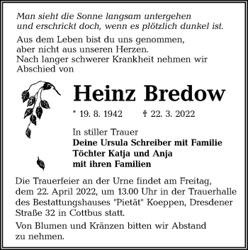 Traueranzeige von Heinz Bredow von lausitzer_rundschau