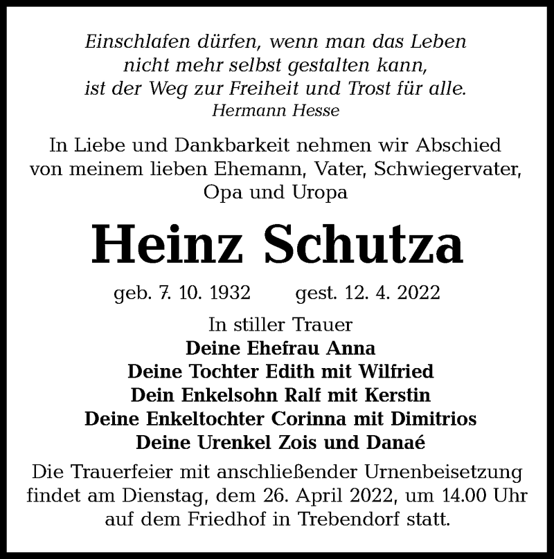  Traueranzeige für Heinz Schutza vom 22.04.2022 aus lausitzer_rundschau