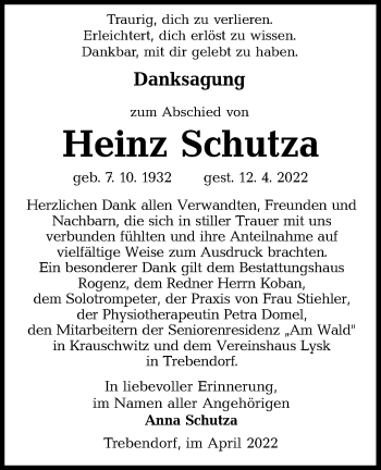 Traueranzeige von Heinz Schutza von lausitzer_rundschau