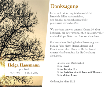 Traueranzeige von Helga Hasemann von lausitzer_rundschau
