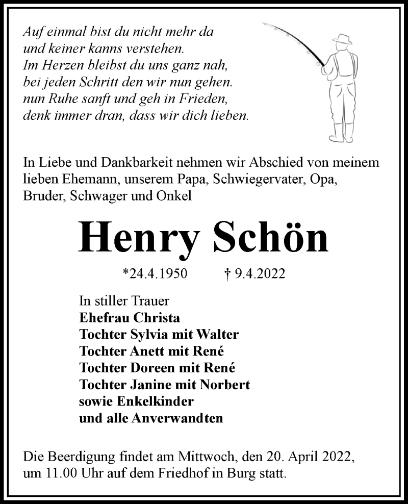  Traueranzeige für Henry Schön vom 16.04.2022 aus lausitzer_rundschau