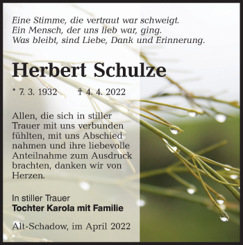 Traueranzeige von Herbert Schulze von lausitzer_rundschau