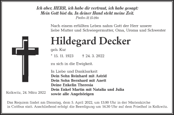 Traueranzeige von Hildegard Decker von lausitzer_rundschau