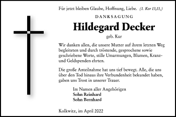 Traueranzeige von Hildegard Decker von lausitzer_rundschau