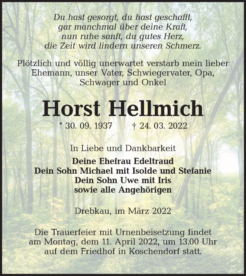  Traueranzeige für Horst Hellmich vom 02.04.2022 aus lausitzer_rundschau