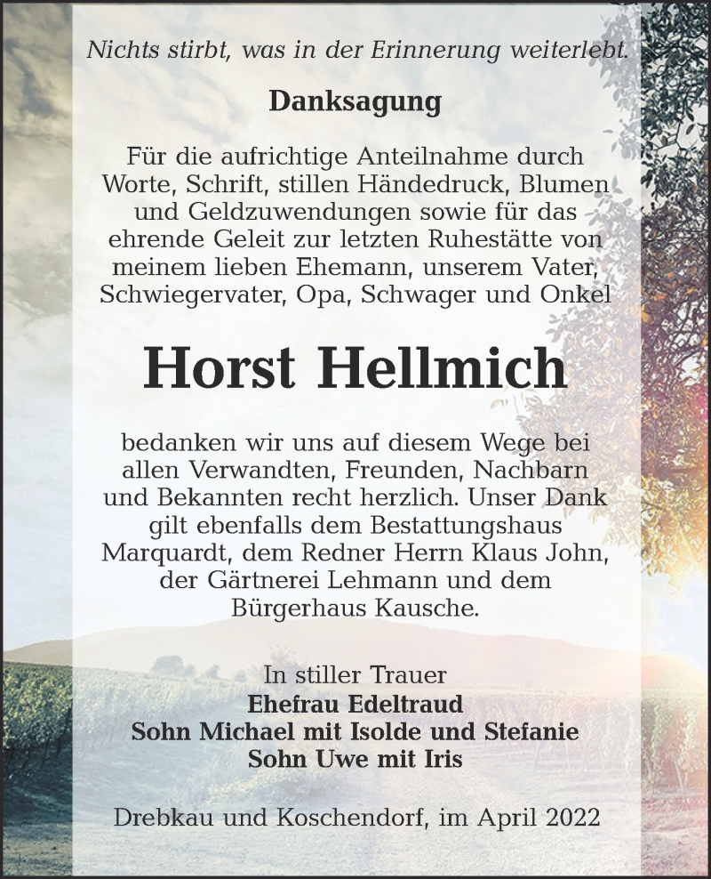  Traueranzeige für Horst Hellmich vom 23.04.2022 aus lausitzer_rundschau