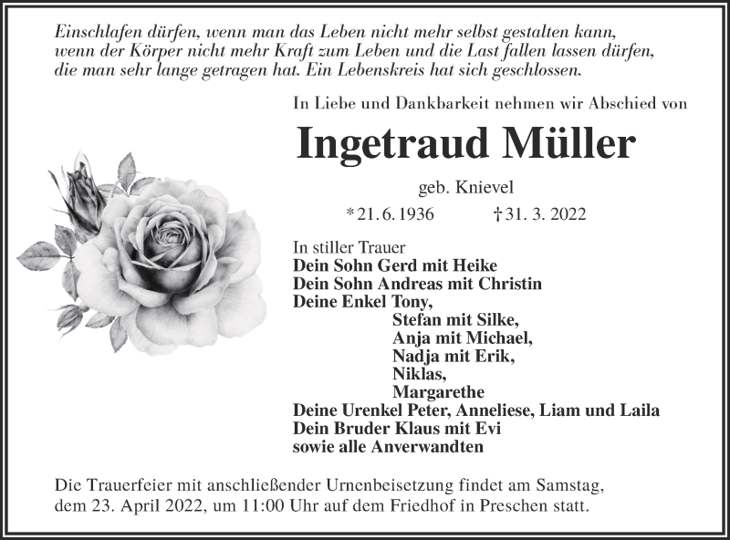  Traueranzeige für Ingetraud Müller vom 16.04.2022 aus lausitzer_rundschau