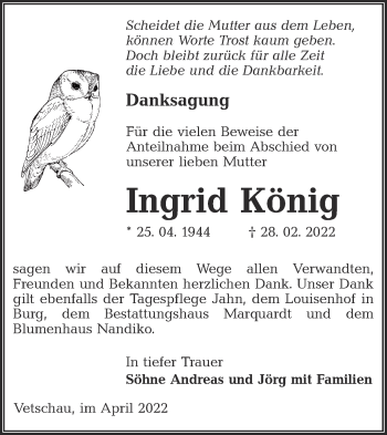 Traueranzeige von Ingrid König von lausitzer_rundschau