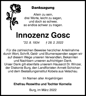 Traueranzeige von Innozenz Gosc von lausitzer_rundschau