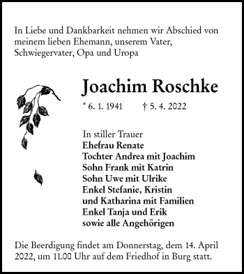 Traueranzeige von Joachim Roschke von lausitzer_rundschau