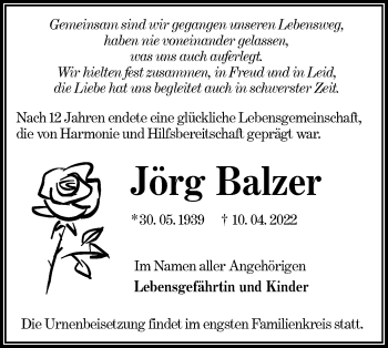 Traueranzeige von Jörg Balzer von lausitzer_rundschau