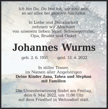 Traueranzeige von Johannes Wurms von lausitzer_rundschau