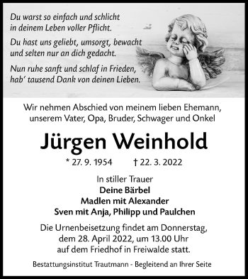 Traueranzeige von Jürgen Weinhold von lausitzer_rundschau