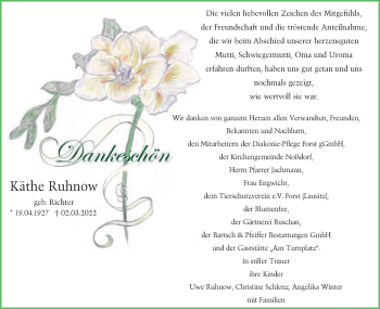 Traueranzeige von Käthe Ruhnow von lausitzer_rundschau