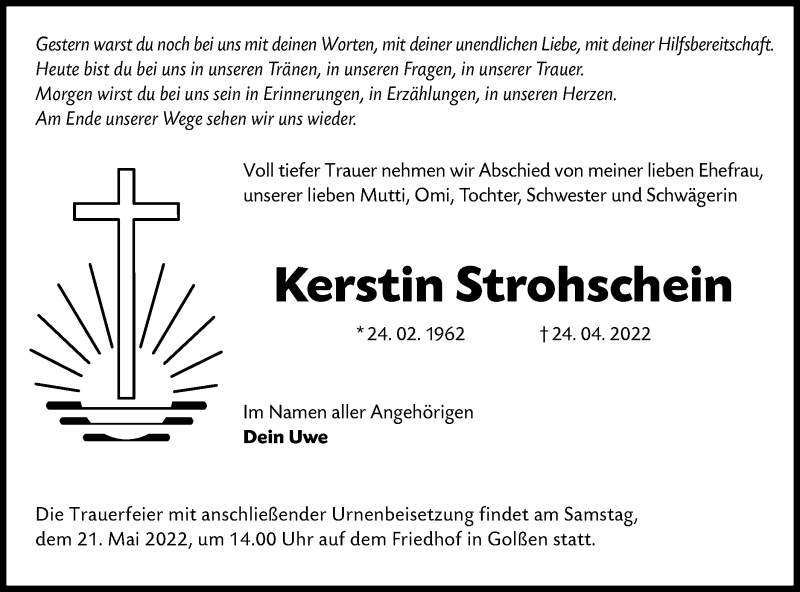  Traueranzeige für Kerstin Strohschein vom 30.04.2022 aus lausitzer_rundschau