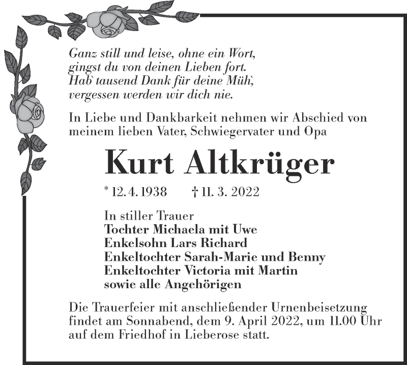  Traueranzeige für Kurt Altkrüger vom 02.04.2022 aus lausitzer_rundschau