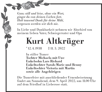 Traueranzeige von Kurt Altkrüger von lausitzer_rundschau