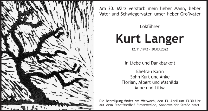  Traueranzeige für Kurt Langer vom 09.04.2022 aus lausitzer_rundschau