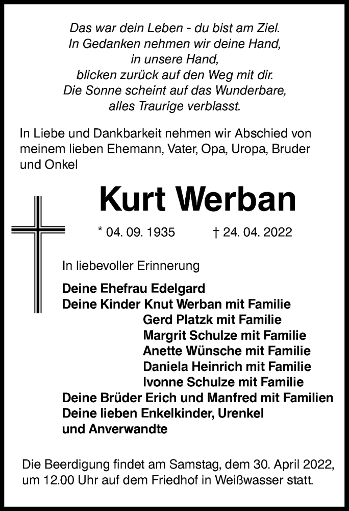  Traueranzeige für Kurt Werban vom 27.04.2022 aus lausitzer_rundschau