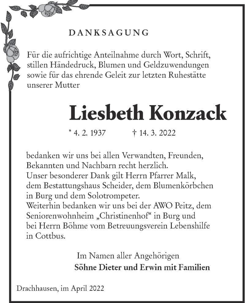  Traueranzeige für Liesbeth Konzack vom 02.04.2022 aus lausitzer_rundschau