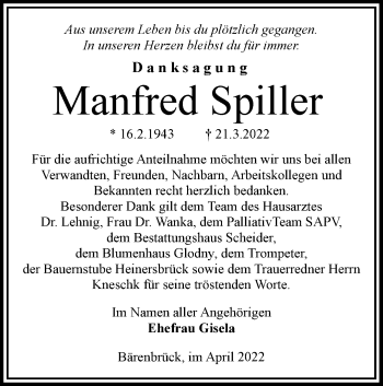 Traueranzeige von Manfred Spiller von lausitzer_rundschau