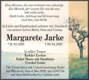 Traueranzeige von Margarete Jarke von lausitzer_rundschau