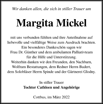 Traueranzeige von Margita Mickel von lausitzer_rundschau