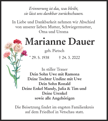 Traueranzeige von Marianne Dauer von lausitzer_rundschau