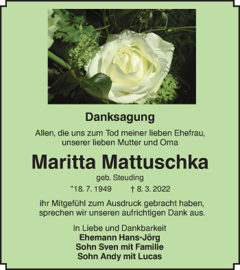 Traueranzeige von Maritta Mattuschka von lausitzer_rundschau