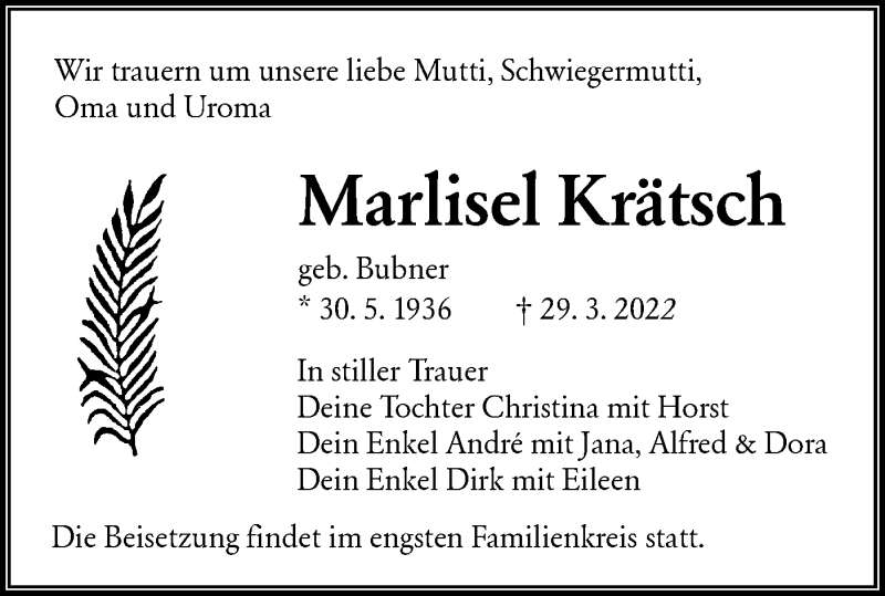  Traueranzeige für Marlisel Krätsch vom 02.04.2022 aus lausitzer_rundschau
