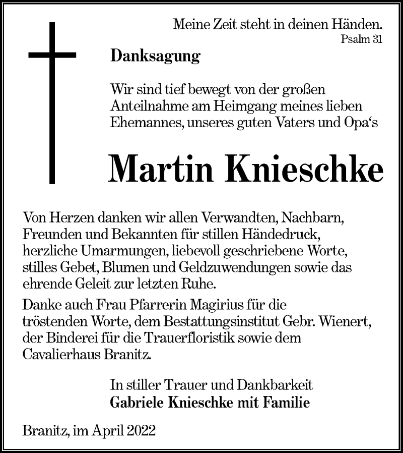  Traueranzeige für Martin Knieschke vom 30.04.2022 aus lausitzer_rundschau